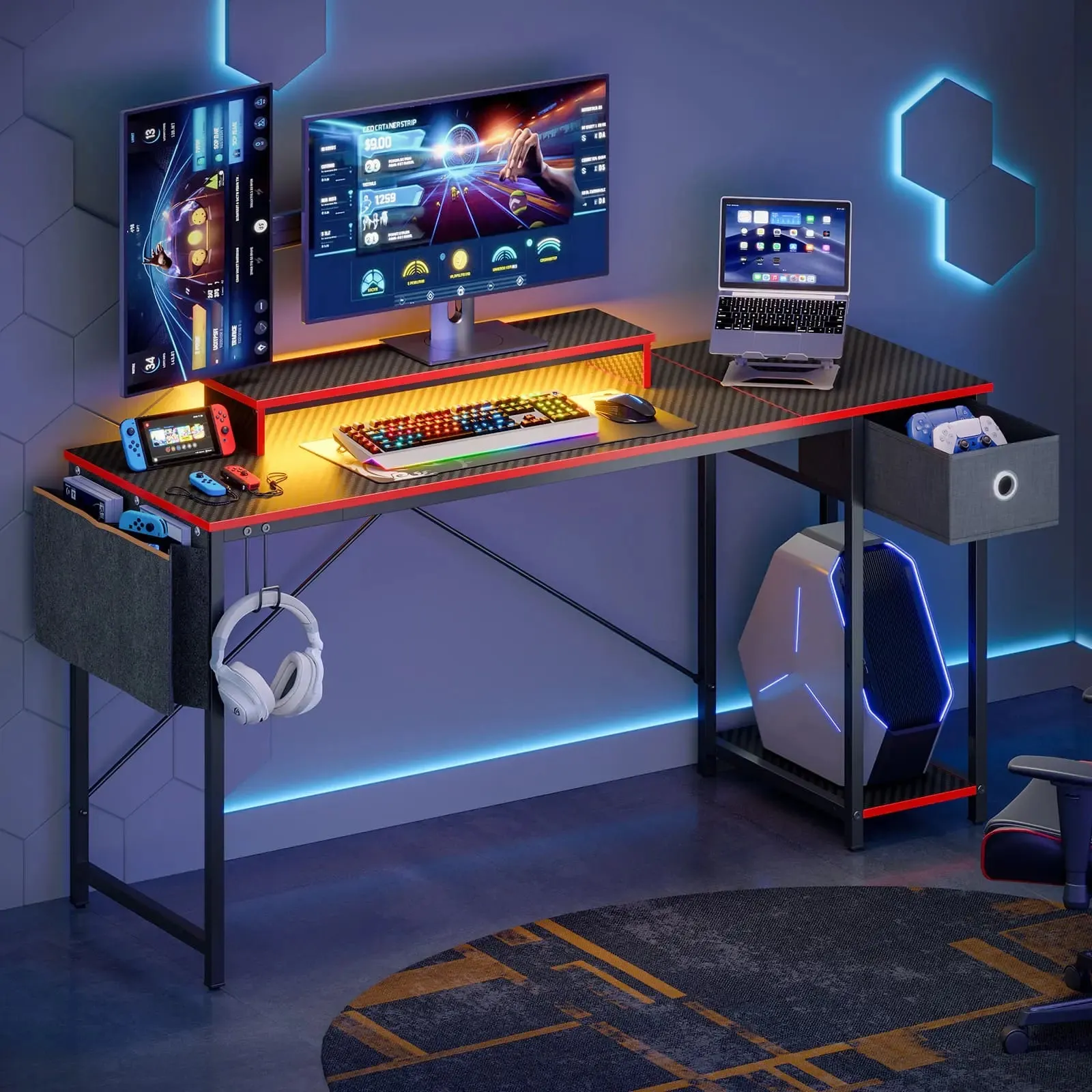 Bestier 61 Inch LED Computer Desk with Adjustable Shelves