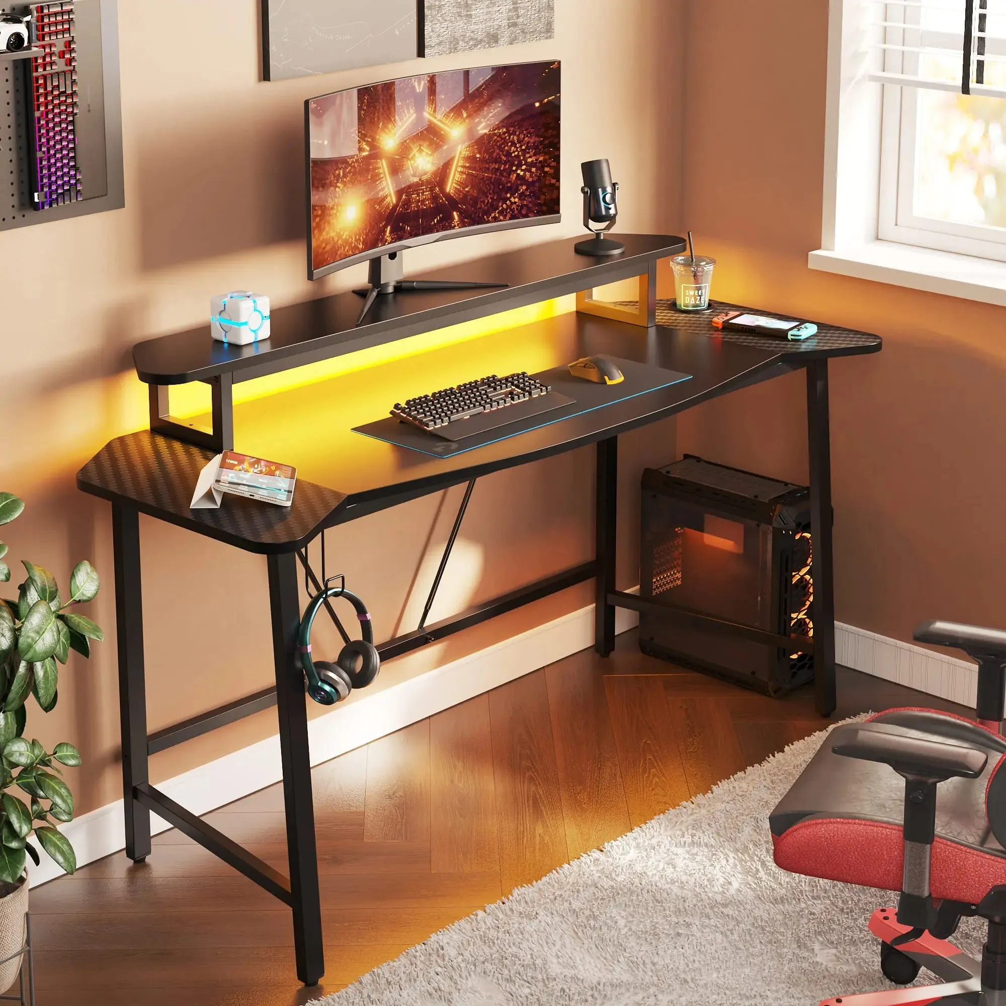 Bestier 63 Inch LED Gaming Desk with Monitor Stand and Headphone Hook