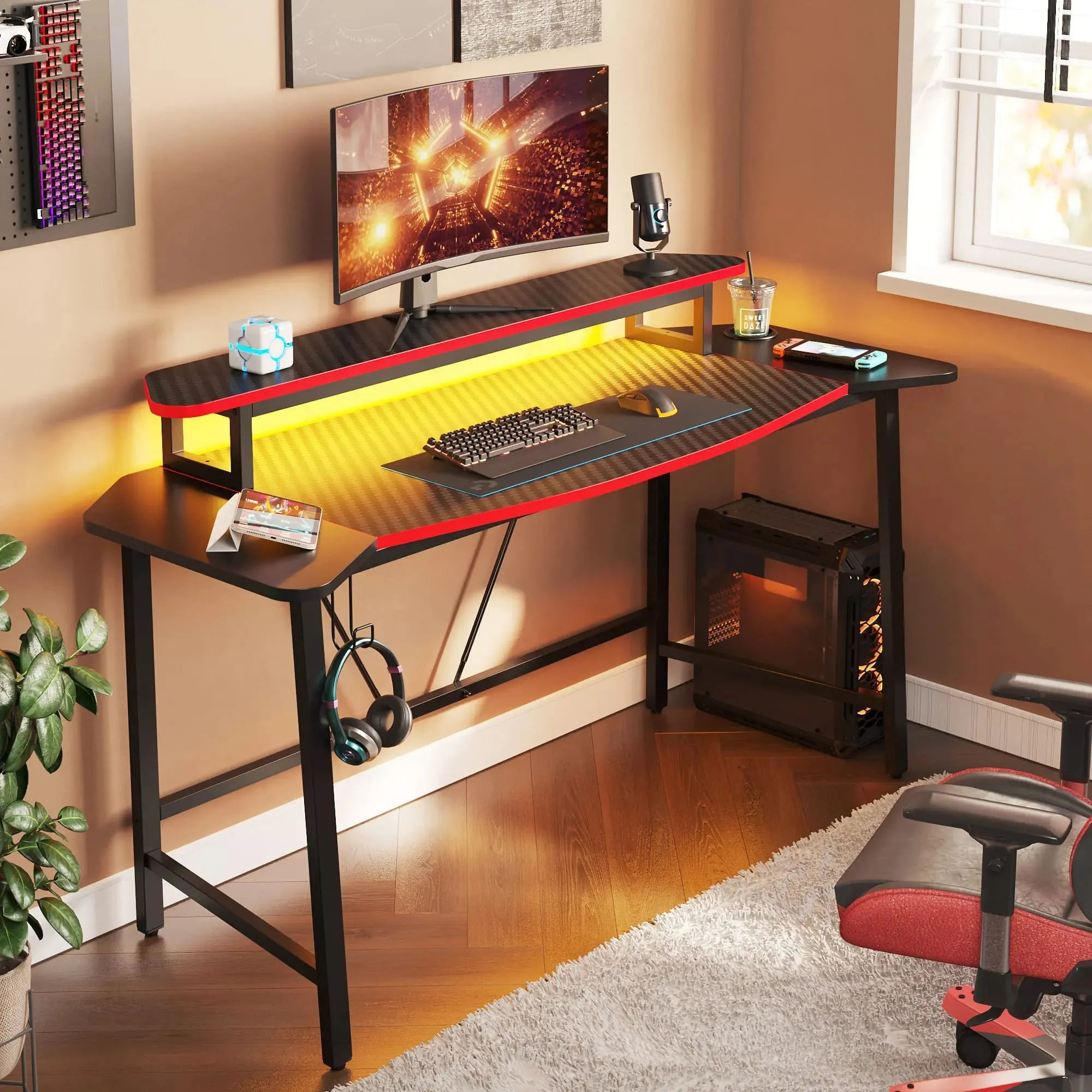 Bestier 63 Inch LED Gaming Desk with Monitor Stand and Headphone Hook