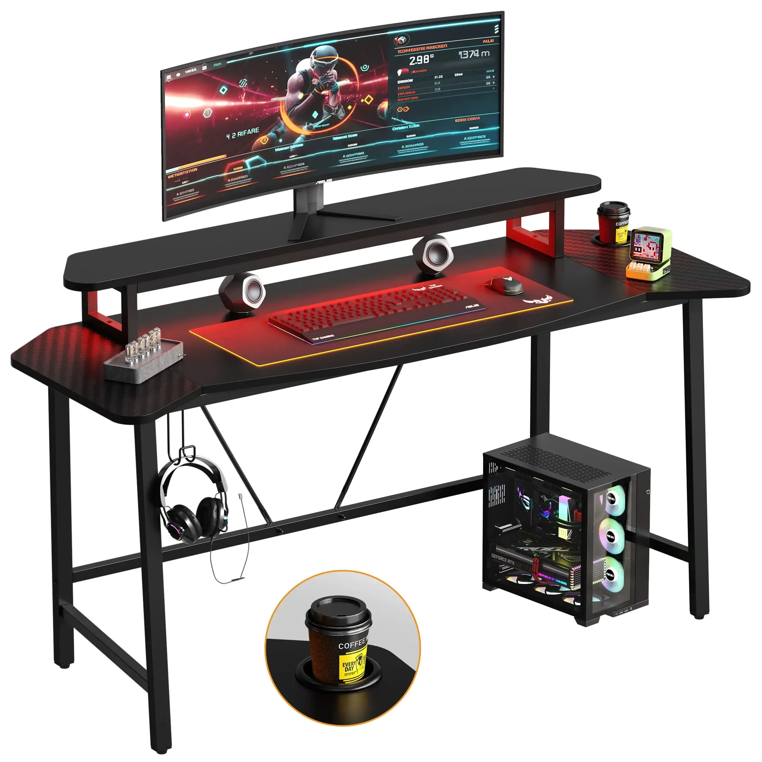 Bestier 63 Inch LED Gaming Desk with Monitor Stand and Headphone Hook