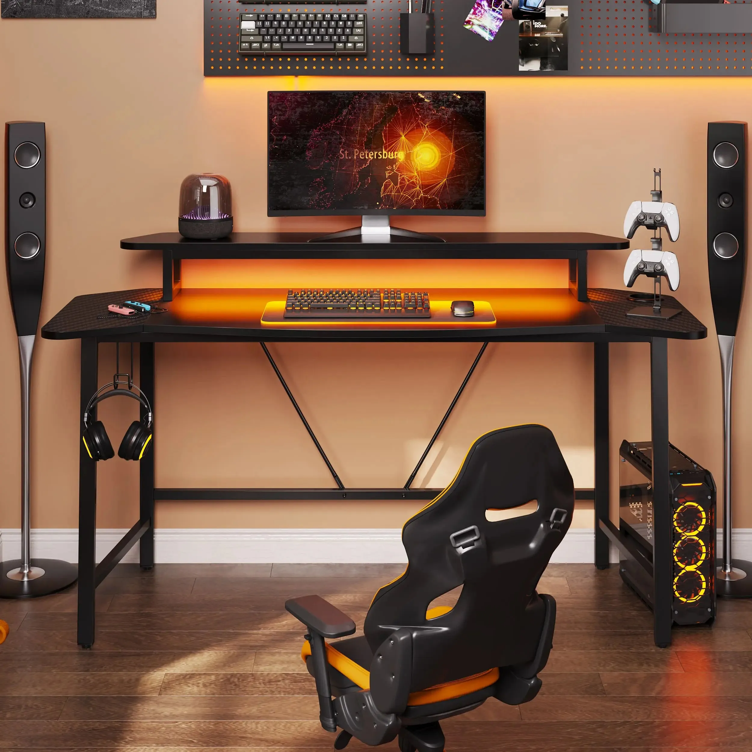 Bestier 63 Inch LED Gaming Desk with Monitor Stand and Headphone Hook