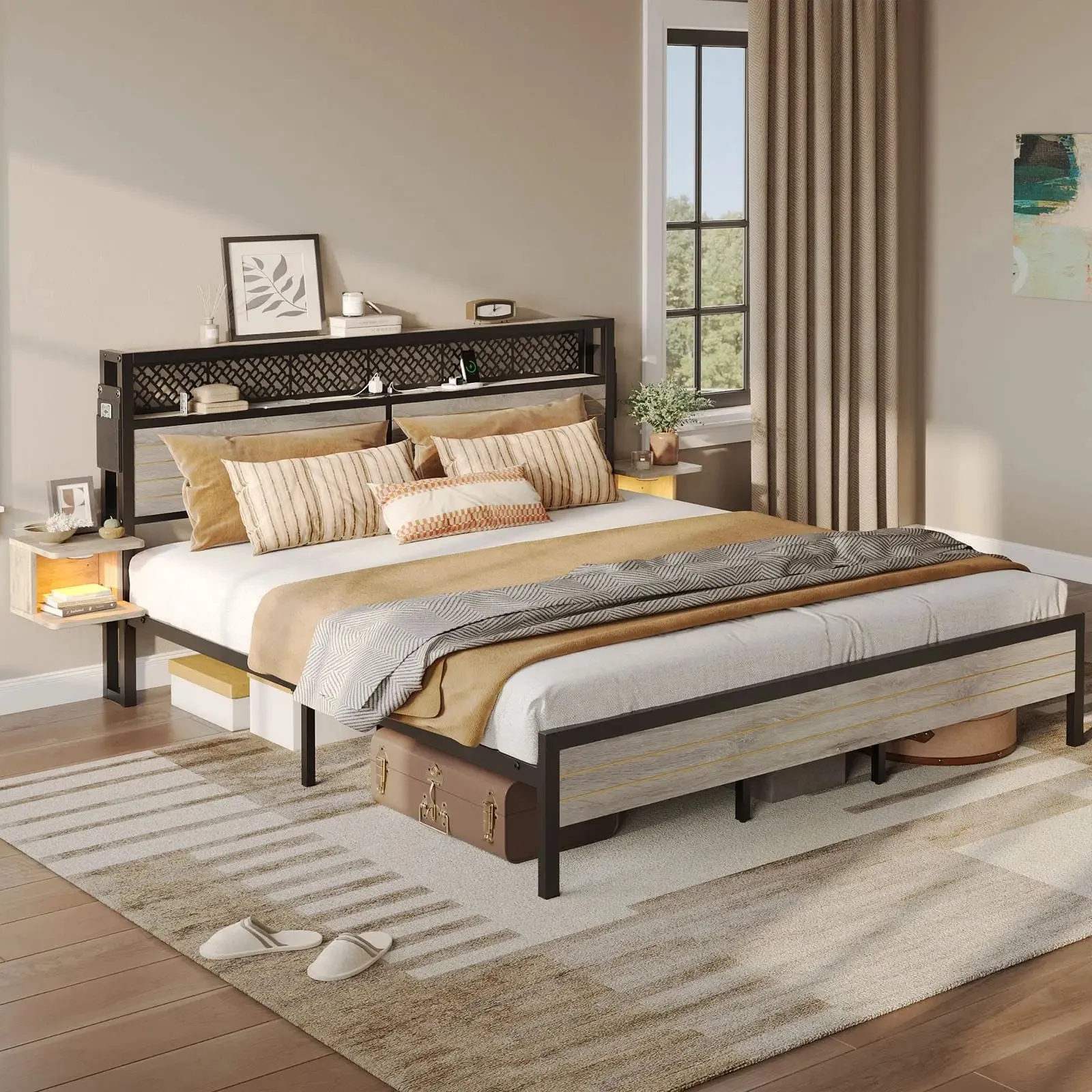 Bestier King Bed Frame with Horizontal Golden Stripe Storage Headboard