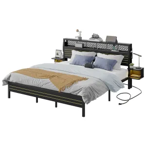 Bestier King Bed Frame with Horizontal Golden Stripe Storage Headboard