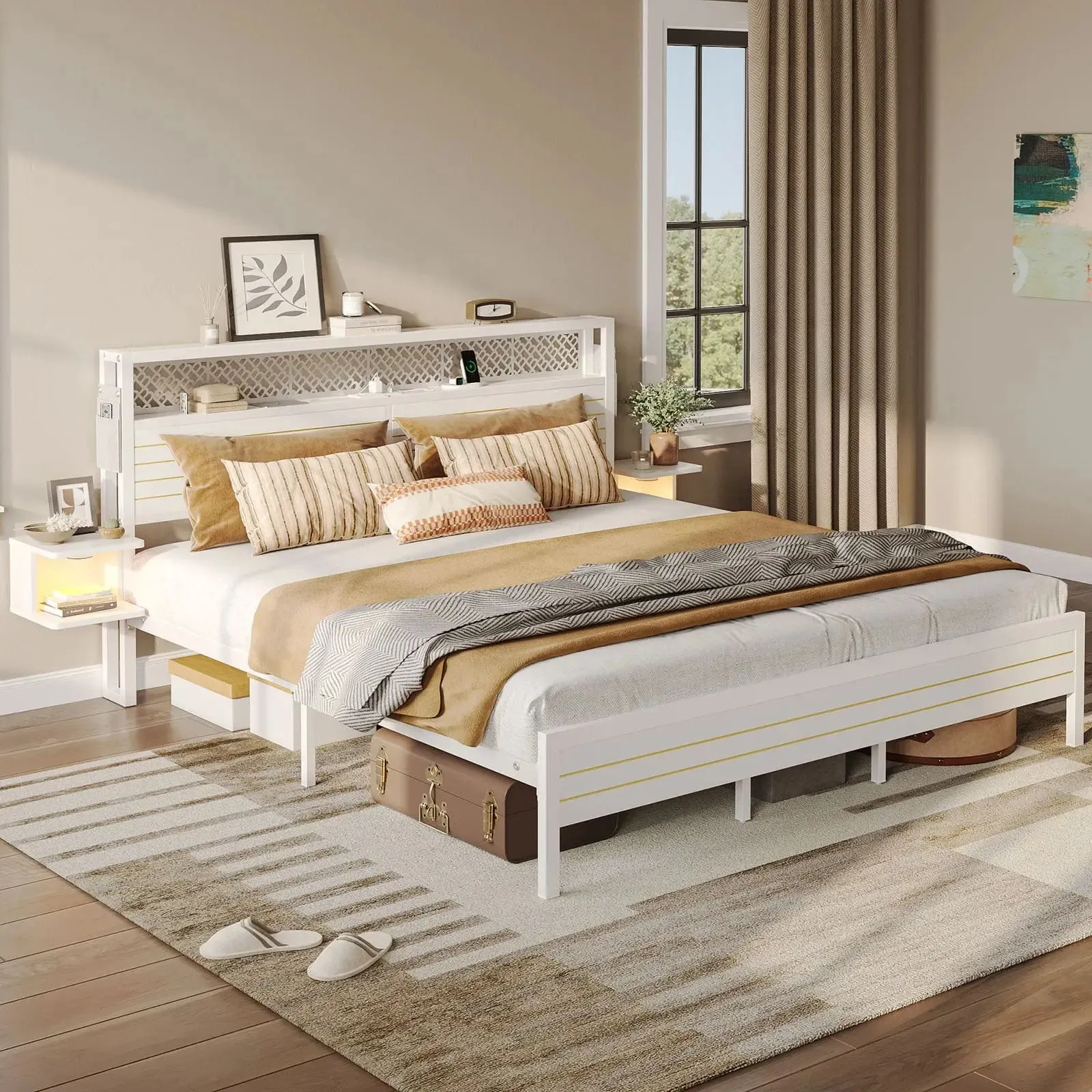 Bestier King Bed Frame with Horizontal Golden Stripe Storage Headboard