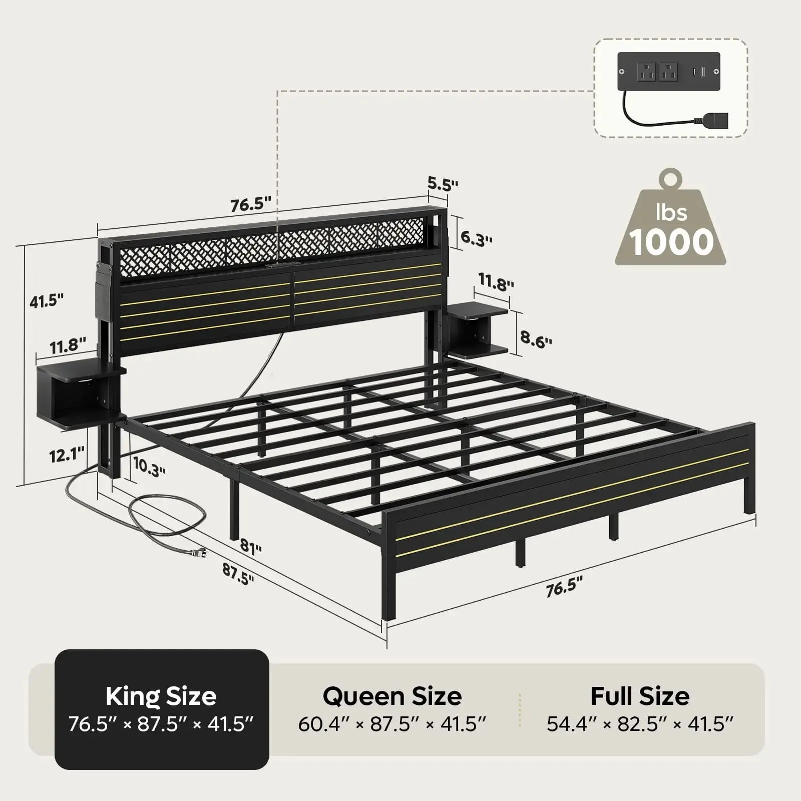 Bestier King Bed Frame with Horizontal Golden Stripe Storage Headboard