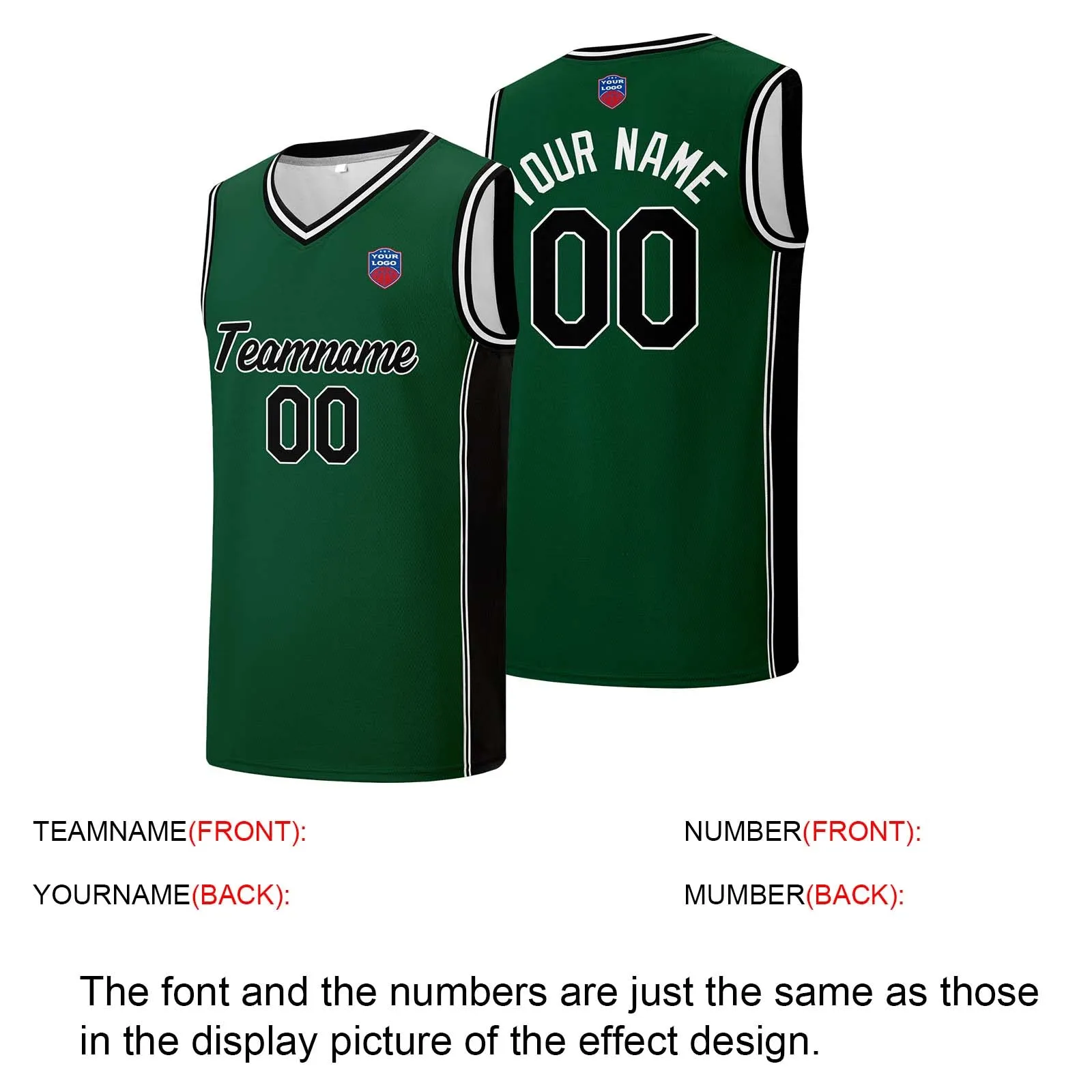 Custom basketball jersey shorts for men and women. Embroidered and printed name, number and logo Dark Green