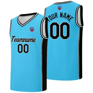 Custom basketball jersey shorts for men and women. Embroidered and printed name, number and logo Light Blue