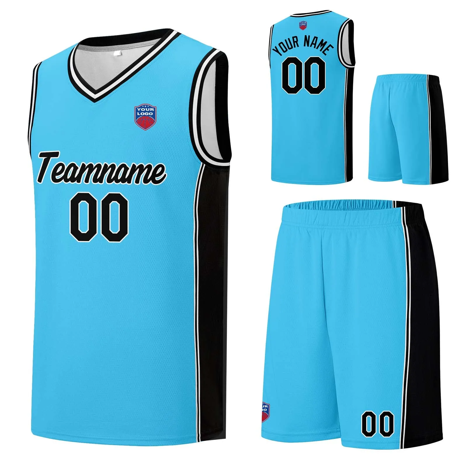 Custom basketball jersey shorts for men and women. Embroidered and printed name, number and logo Light Blue