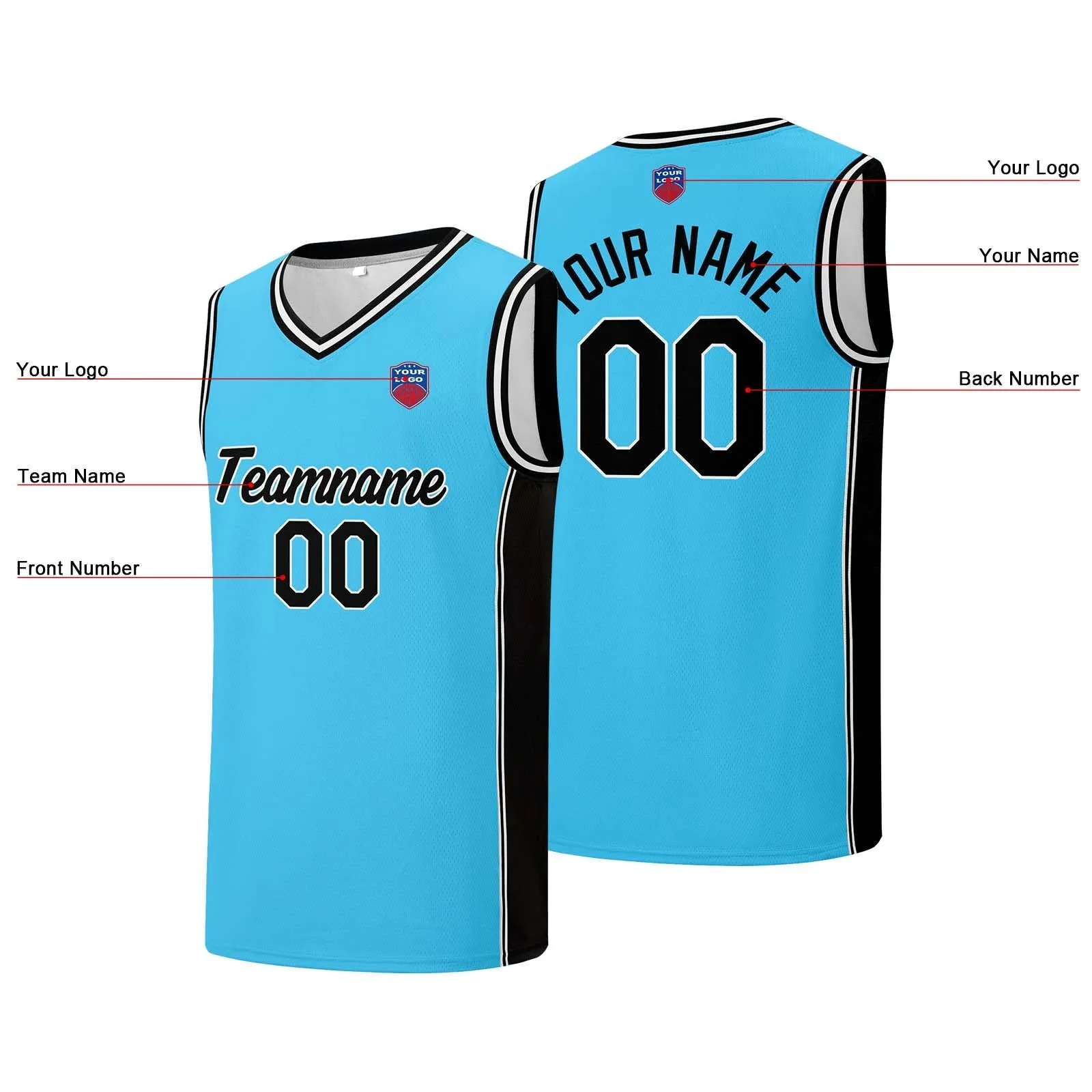 Custom basketball jersey shorts for men and women. Embroidered and printed name, number and logo Light Blue