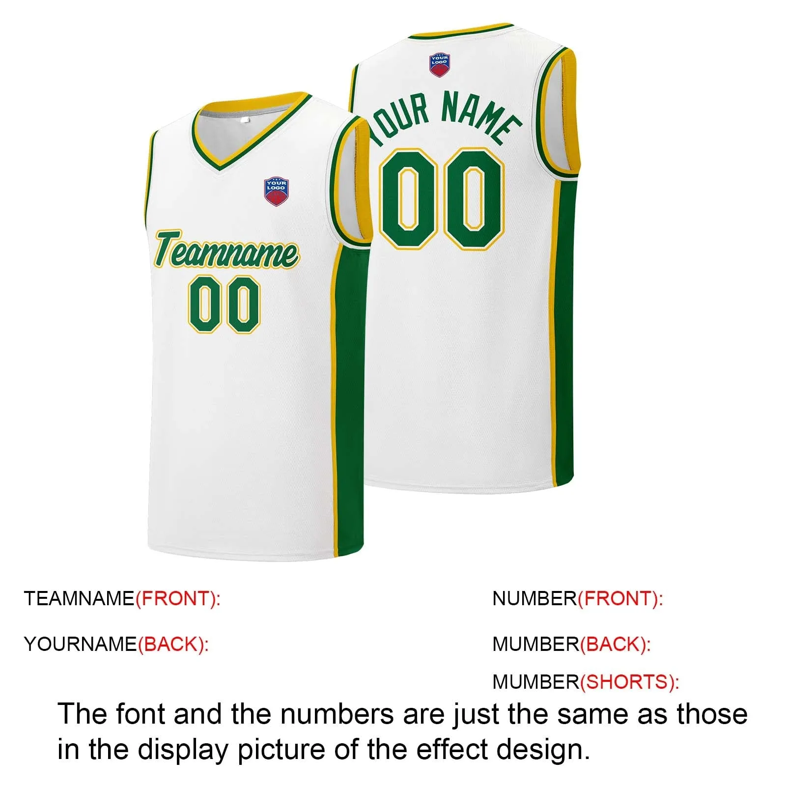 Custom basketball jersey shorts for men and women. Embroidered and printed name, number and logo White&Green&Yellow