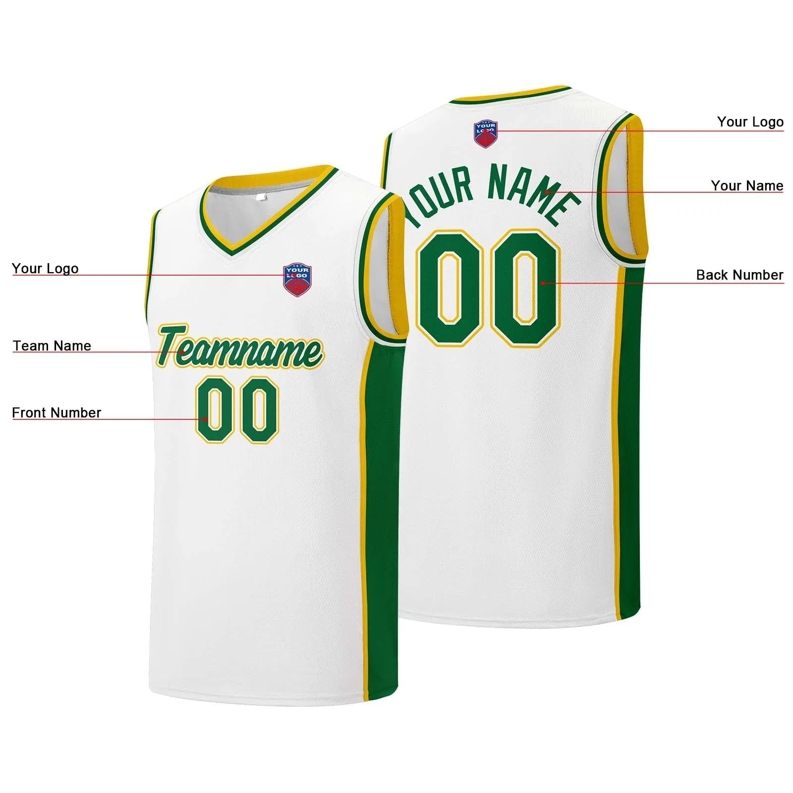 Custom basketball jersey shorts for men and women. Embroidered and printed name, number and logo White&Green&Yellow