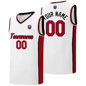 Custom basketball jersey shorts for men and women. Embroidered and printed name, number and logo White&Red&Black