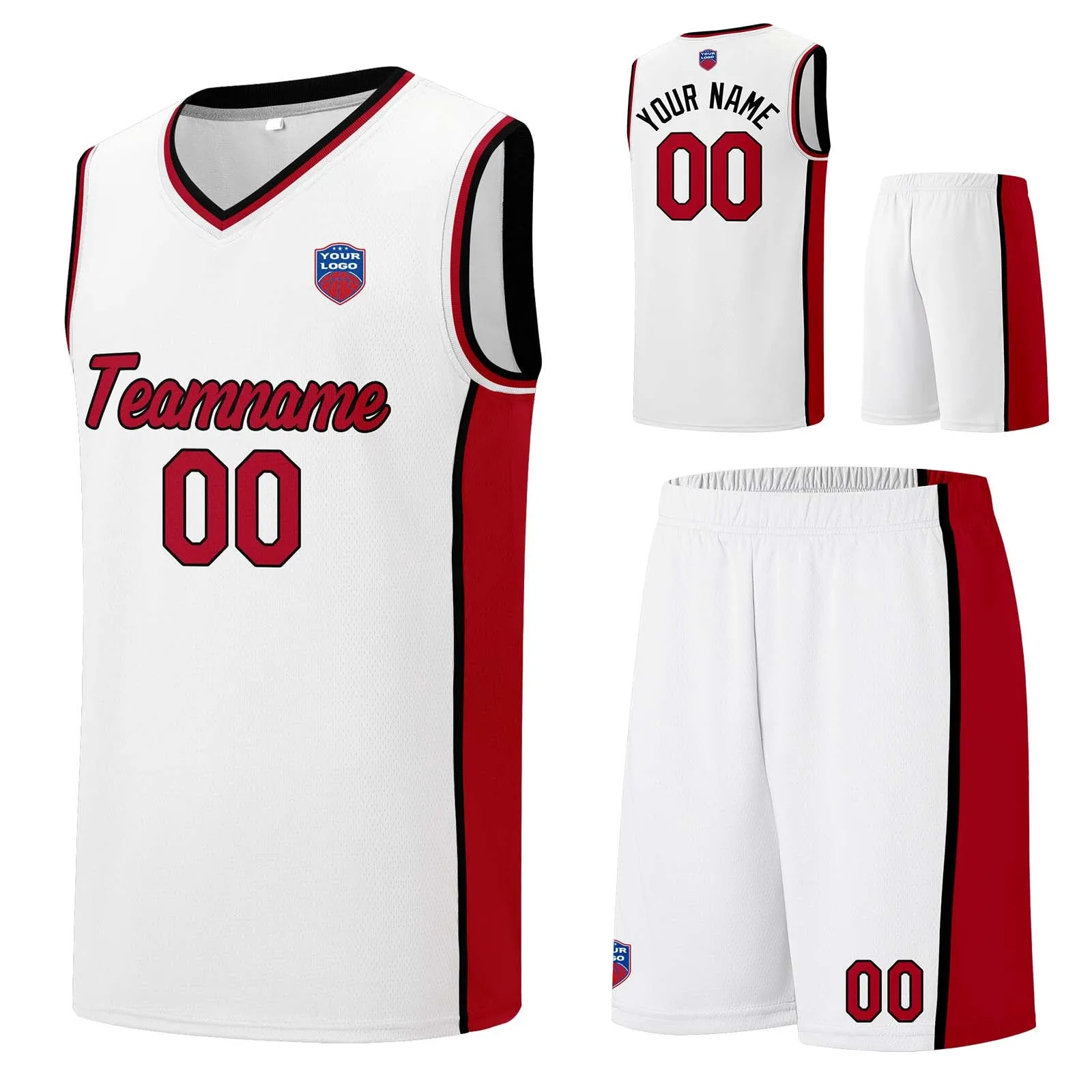 Custom basketball jersey shorts for men and women. Embroidered and printed name, number and logo White&Red&Black