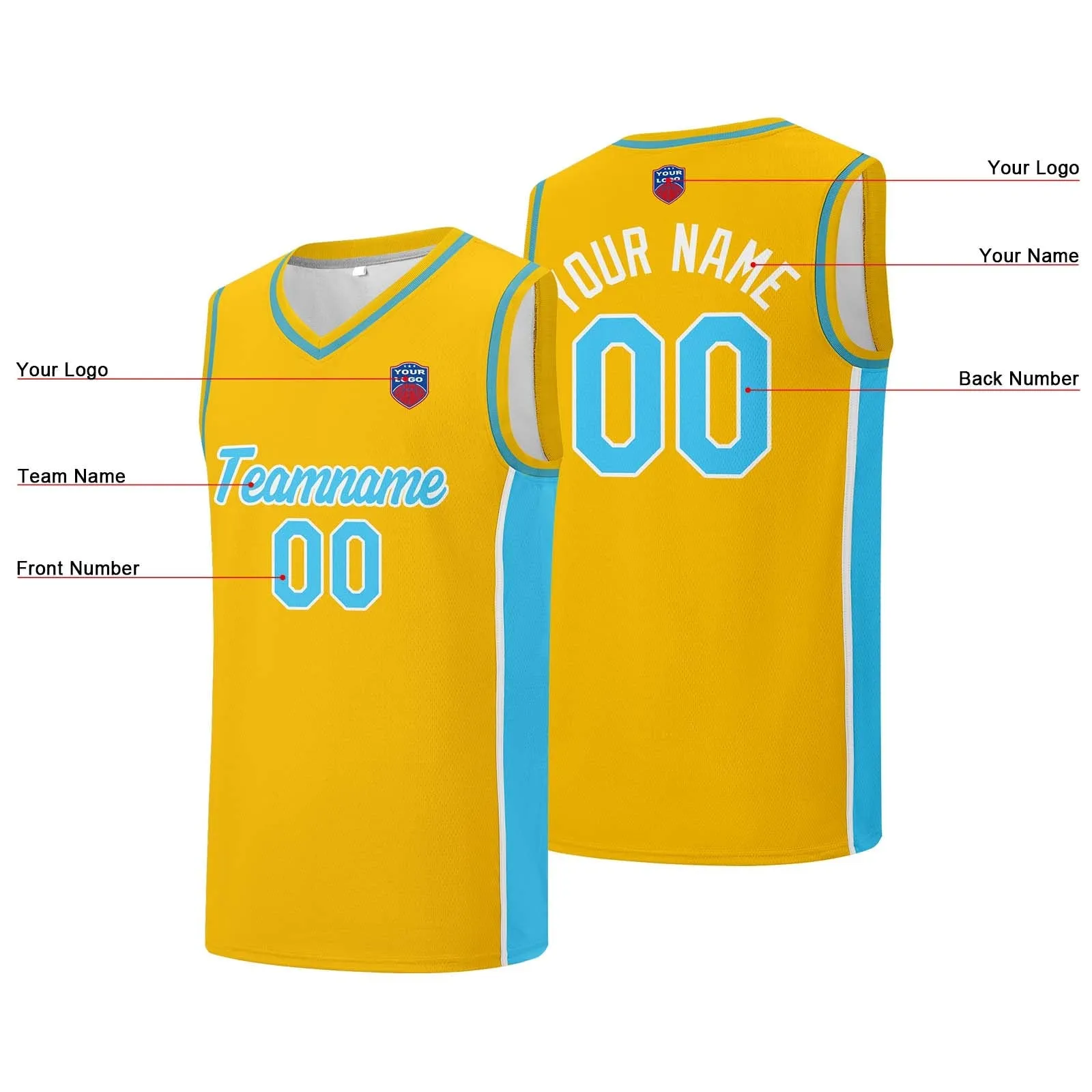 Custom basketball jersey shorts for men and women. Embroidered and printed name, number and logo Yellow&Light Blue