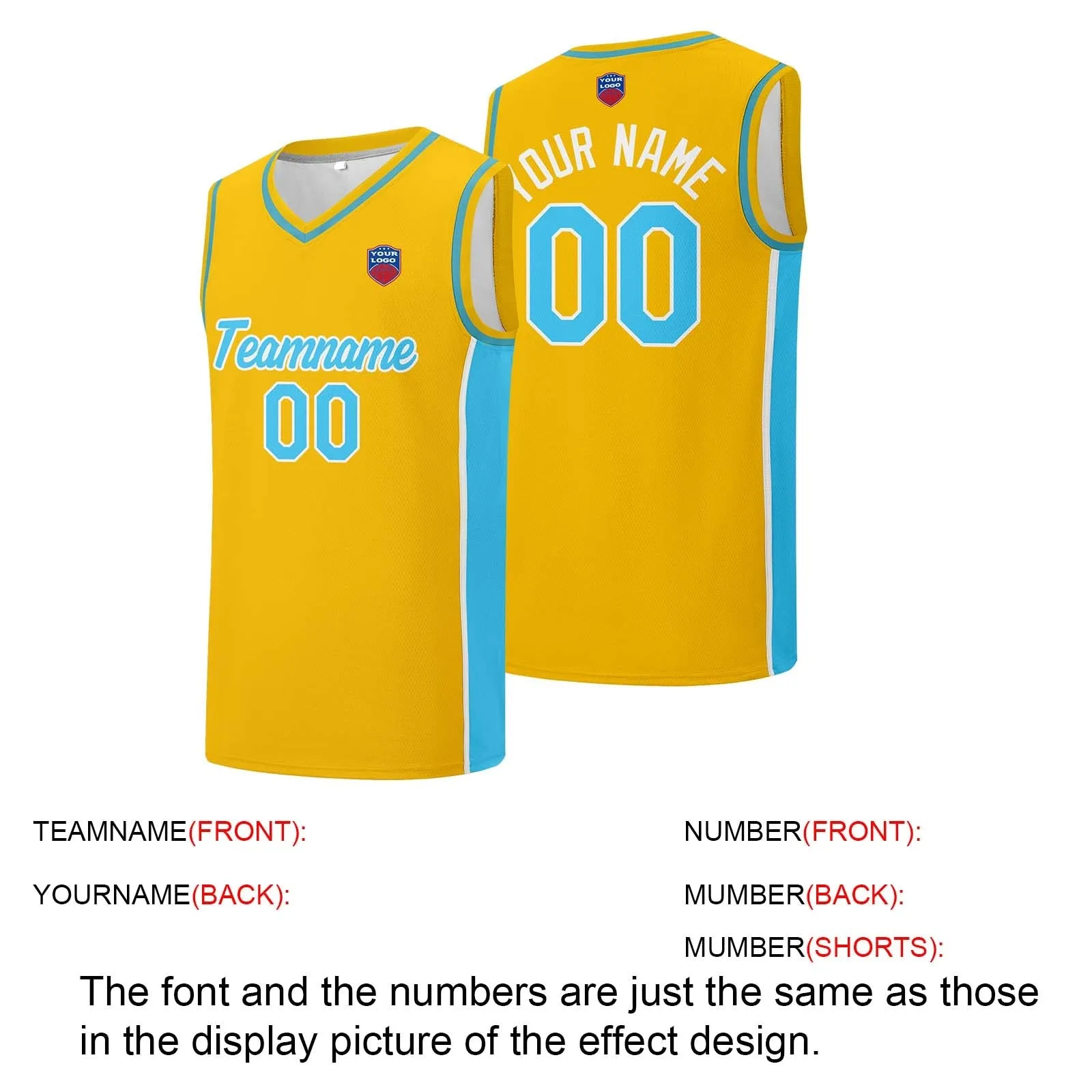 Custom basketball jersey shorts for men and women. Embroidered and printed name, number and logo Yellow&Light Blue