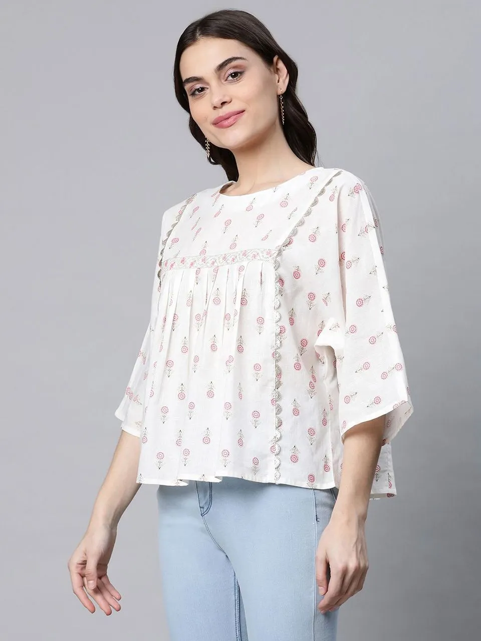 Off White Pure Cotton Floral Printed Tunic