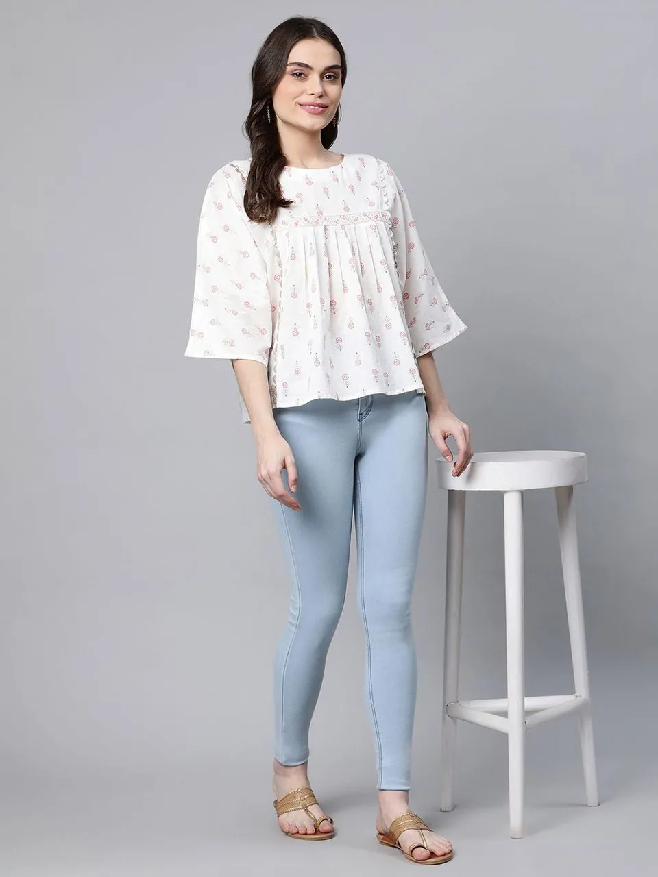 Off White Pure Cotton Floral Printed Tunic