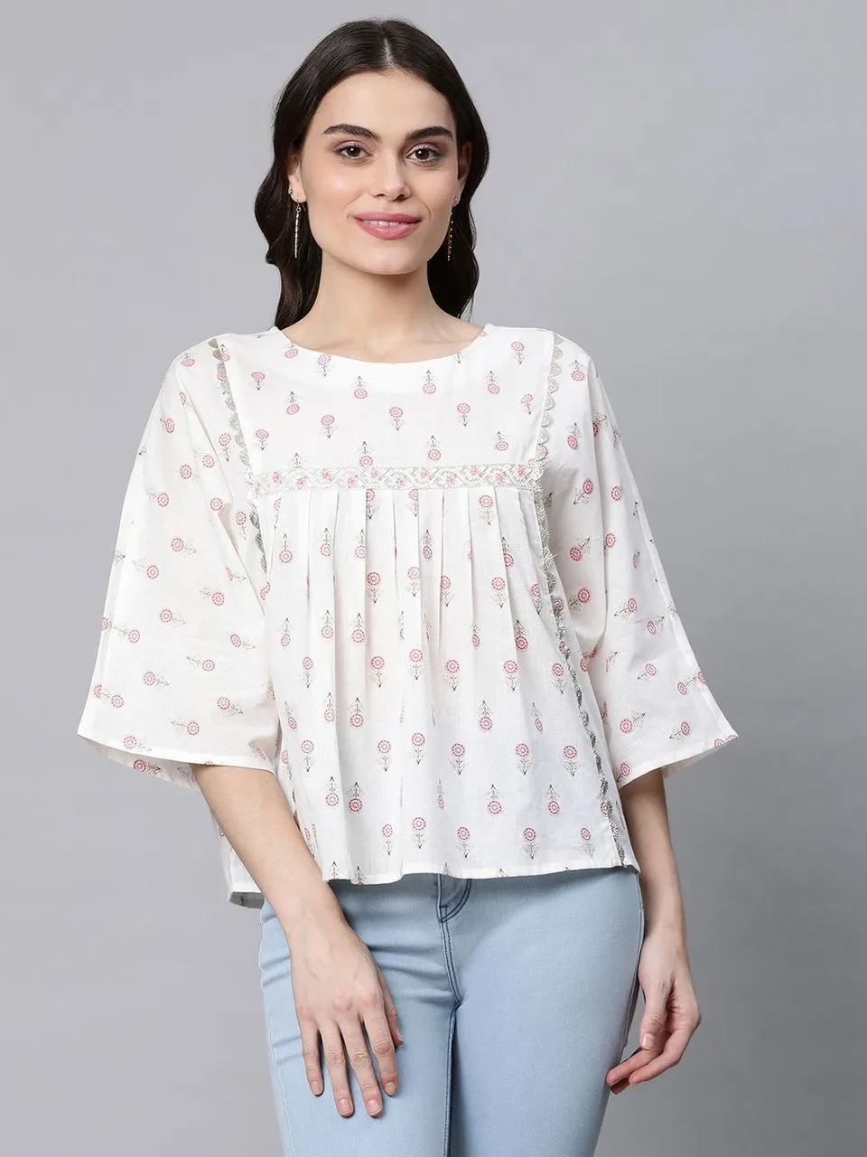 Off White Pure Cotton Floral Printed Tunic