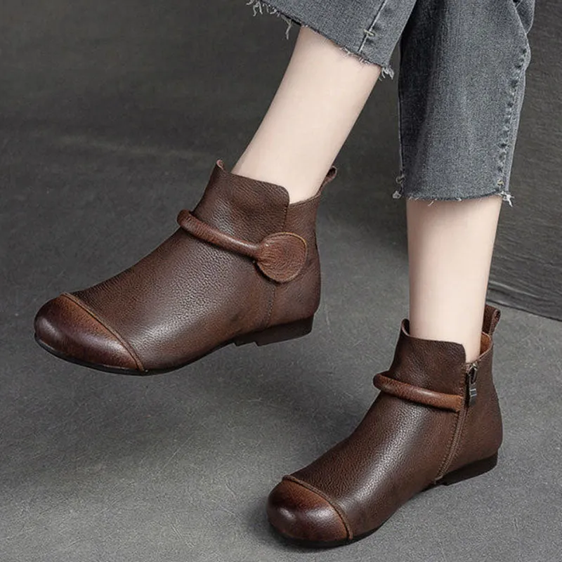 Soft Leather Retro Style Women's Boots Side Zipper Flat Round Head Simple Dr Martens Boots