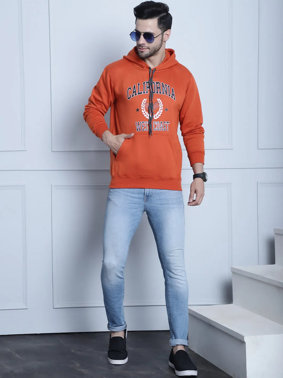 Vimal Jonney Rust Printed Hooded Cotton Fleece Sweatshirt for Men