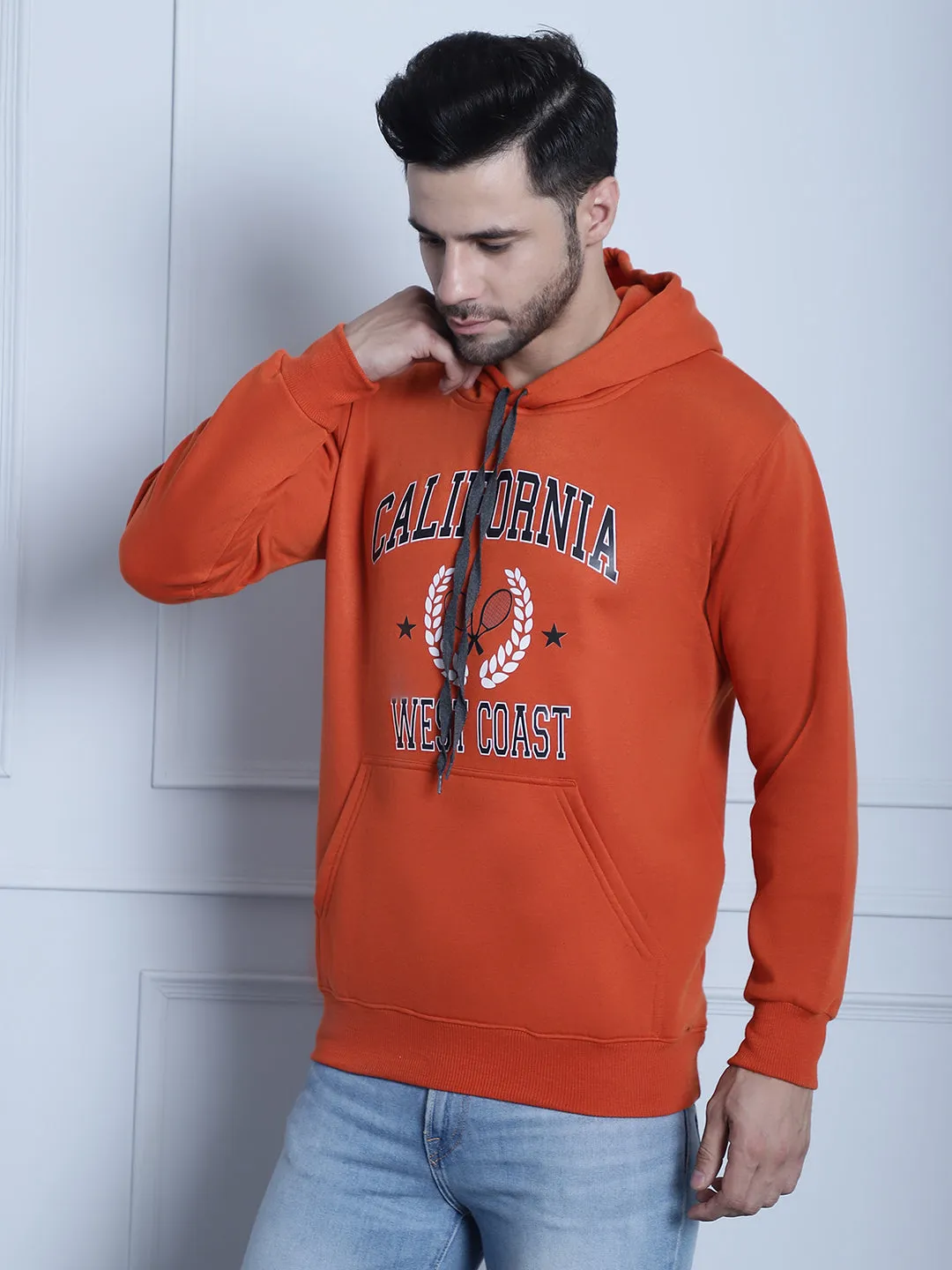 Vimal Jonney Rust Printed Hooded Cotton Fleece Sweatshirt for Men