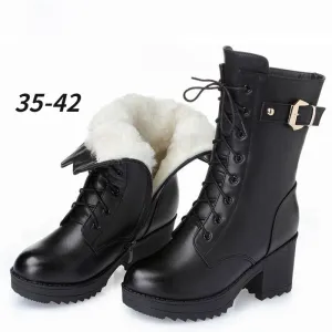 Winter Leather Women Winter Boots Thick Wool Warm Women High-heeled Genuine Boot High-quality Female Snow Boots Women Shoes