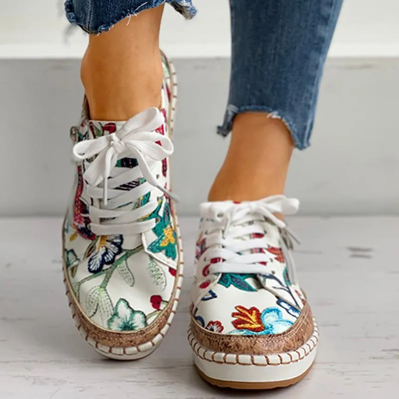 Women Floral Embroidered Zipper Design Casual Lace-Up Shoes