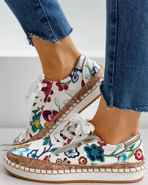 Women Floral Embroidered Zipper Design Casual Lace-Up Shoes