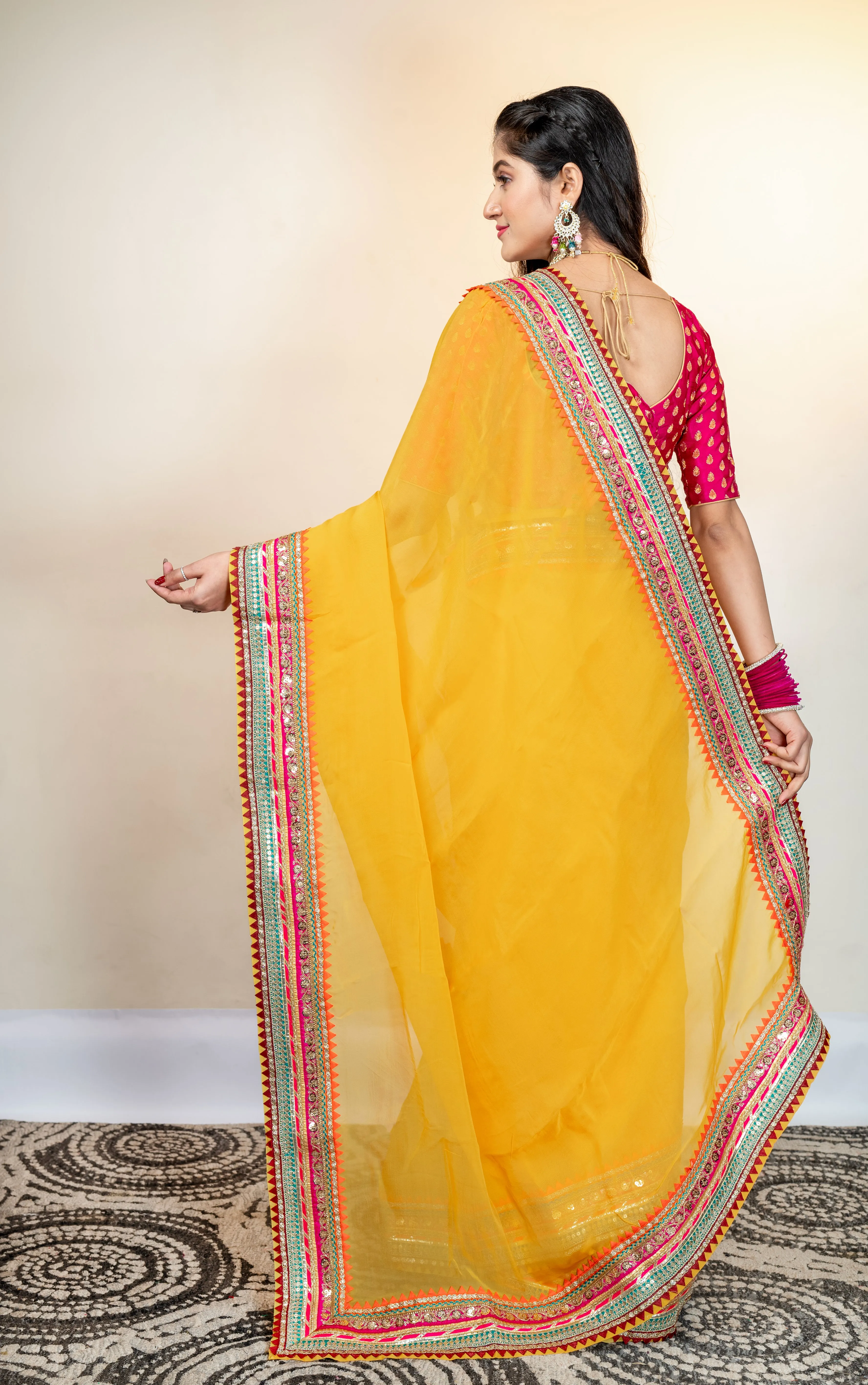 Women Yellow Organza Saree With Multicolor Border