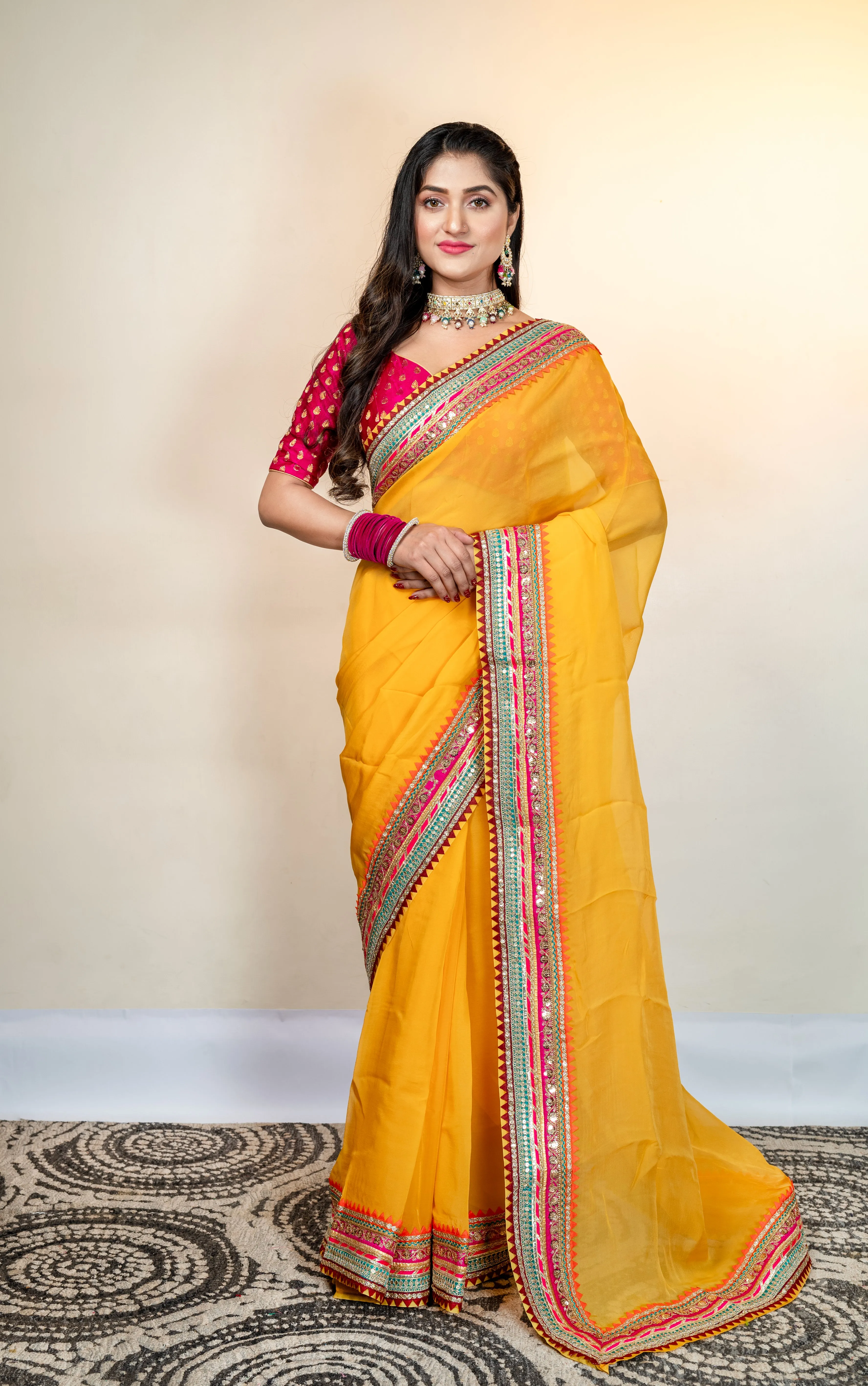 Women Yellow Organza Saree With Multicolor Border